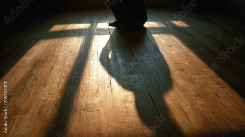A person sits on a rustic wooden floor with a large cross shadow cast by sunlight streaming through a window