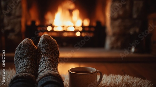 Person wearing thick wool socks rests feet near a warm glowing fireplace with a ceramic cup of hot beverage