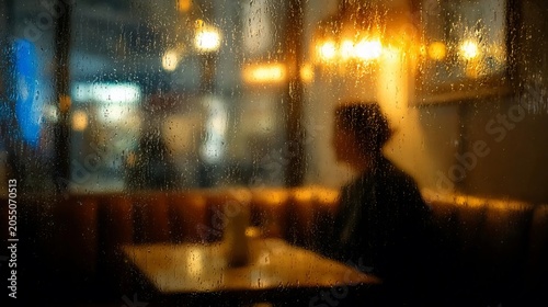 Blurred silhouette of a person sitting alone at a cafe table behind a window covered in raindrops during rain