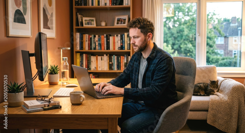 Man working remotely on laptop in cozy home office, warm tones, modern lifestyle