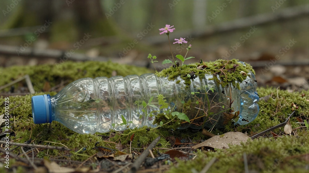 Fototapeta premium Plastic bottle in forest, covered with moss and tiny pink flowers growing through it.
