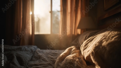 Warm sunlight illuminates a messy bed with rumpled linens near a bright window with flowing curtains