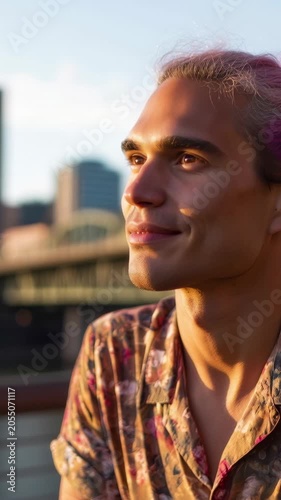 Charming young man with dyed hair smiling thoughtfully while looking into the distance, with the warm golden hour light illuminating his face against a blurred cityscape background