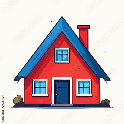 A vibrant red cartoon style house with a blue roof and chimney.