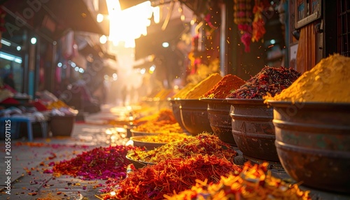 Vibrant Saffron Petals Unfurl at Dawn in a Spice Scented Market Square