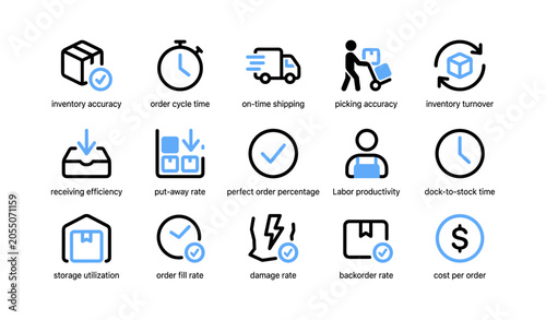 Warehouse performance icons showing logistics metrics