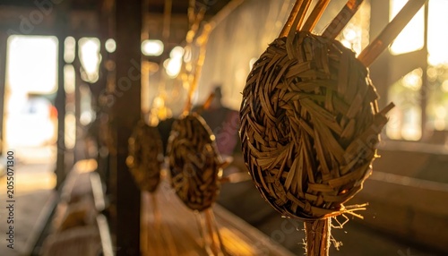Woven reed crafts displayed in a sun-drenched artisan studio with soft focus background