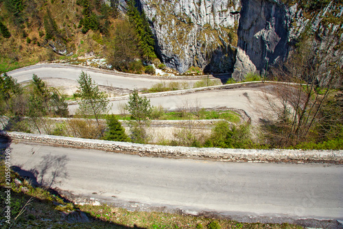 Winding road through the mountain pass. Bicaz gorge, Romania