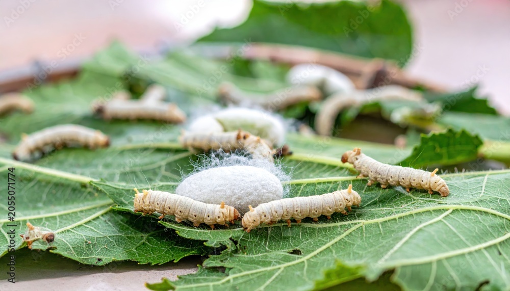 Fototapeta premium Silkworms meticulously spinning cocoons on vibrant green mulberry leaves, a natural transformation process unfolds.