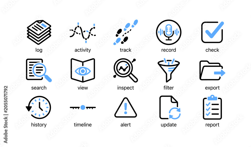 Naklejka premium Monitoring and analytics icons showing tracking and logs on white