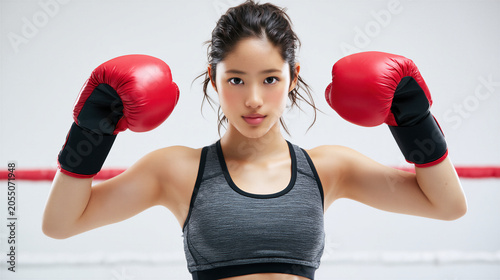 Young woman boxer with red gloves flexing muscle confidently in gym