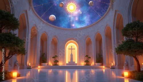Interior space features domed ceiling with cosmos, planets, sun. Arched halls hold serene statue near cross. Warm lights illuminate tranquil courtyard garden.