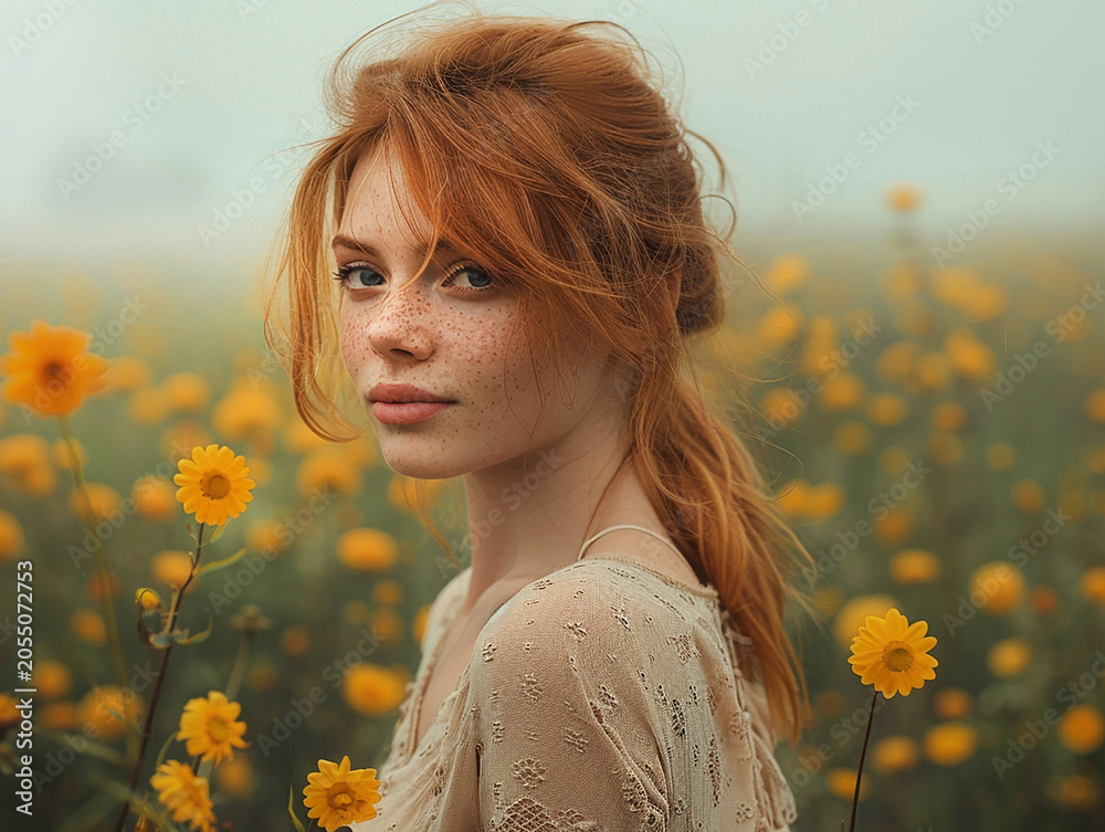 Naklejka premium Beautiful girl in a field of sunflowers