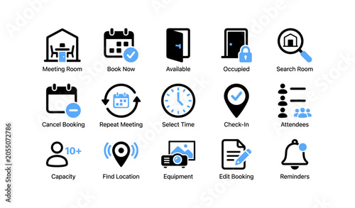 Meeting room icons showing booking, scheduling and location