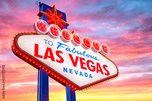 Welcome to Fabulous Las Vegas Sign. Logo Removed. The beautiful Sunset sky in the background. Las Vegas, Nevada, USA 05/05/2026