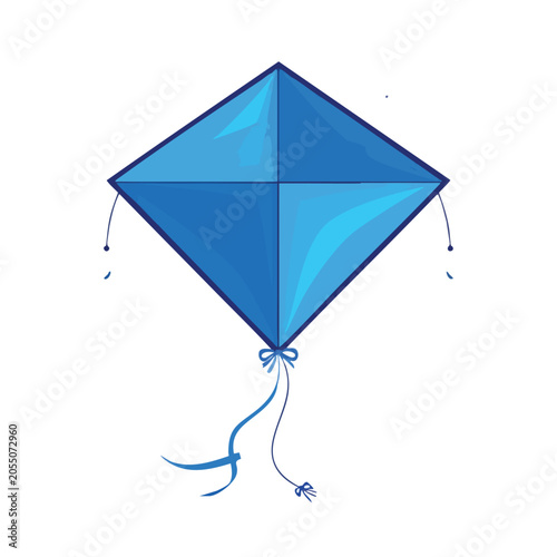 Simple blue diamond shaped kite with decorative ribbons.
