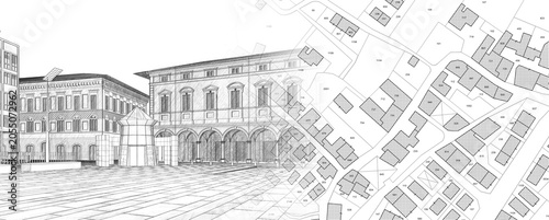 Register old buildings at buildings cadastre for taxation - Land registry concept with an imaginary cadastral map of territory and old italian historic buildings