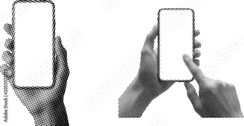 Fotografía Halftone hands holding smartphones with blank screens in front