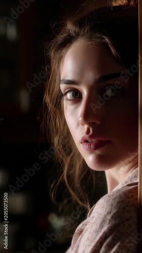 Young woman with a frightened expression on her face hiding behind a wall and nervously looking at the camera, feeling unsafe and anxious while seeking refuge from an unknown danger