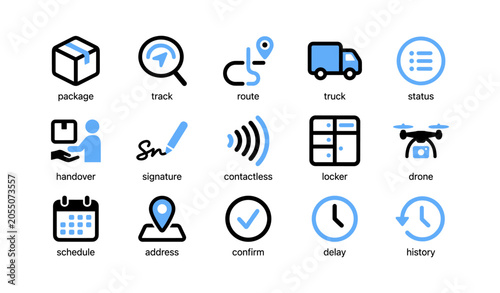 Delivery and tracking icons showing status actions and methods grid
