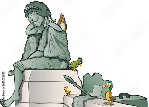 Cartoon version of the statue of Helvetia in Basel, surrounded by birds