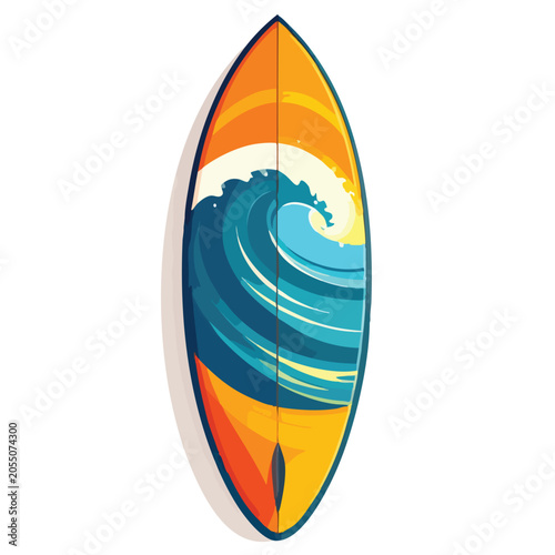Colorful Surfboard Design Featuring Stylized Ocean Wave Illustration.
