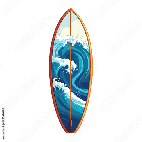 A vibrant surfboard illustration featuring a powerful crashing ocean wave.