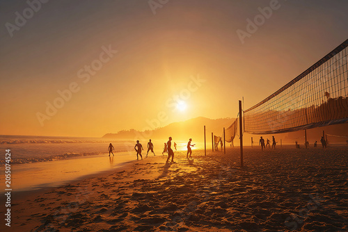 People playing volleyball on beach at sunset in summer generated.AI