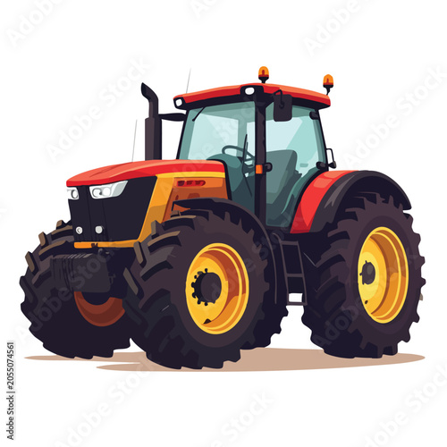 Modern red and yellow agricultural tractor illustration.