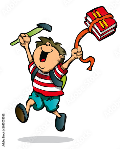 Happy school kid coming out of school