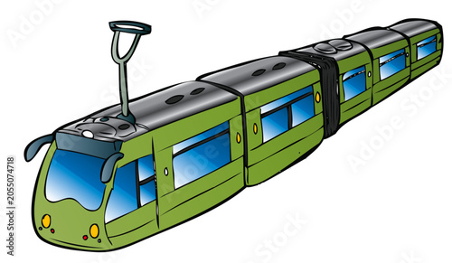Modern green tram used in the public transport network of Basel, Switzerland
