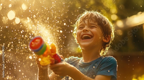 Joyful boy playing with water gun outdoors