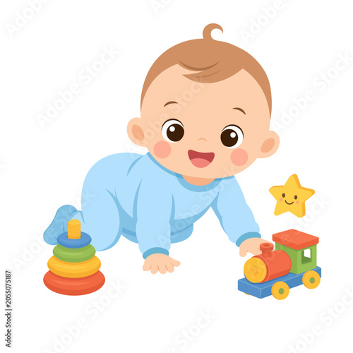 Cute Crawling Baby Boy Playing with Toys Vector Illustration