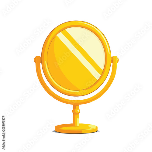 Elegant golden tabletop cosmetic mirror on stand.