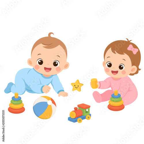 Cute Baby Boy and Girl Playing with Toys Vector Illustration
