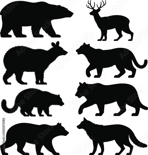 Photography Collection of black wild animal silhouette icons featuring bear deer wolf big ca