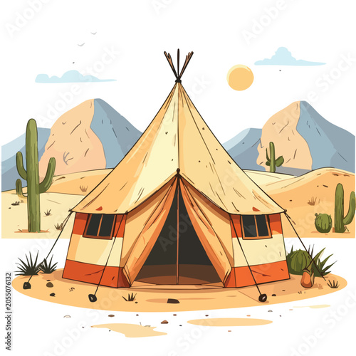 Illustrated camping teepee tent in the desert landscape.