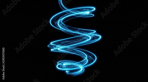 Abstract blue neon light trail spiral isolated on black background. Dynamic glowing electric vortex energy wave, futuristic digital motion magic swirl, glowing plasma curves backdrop element