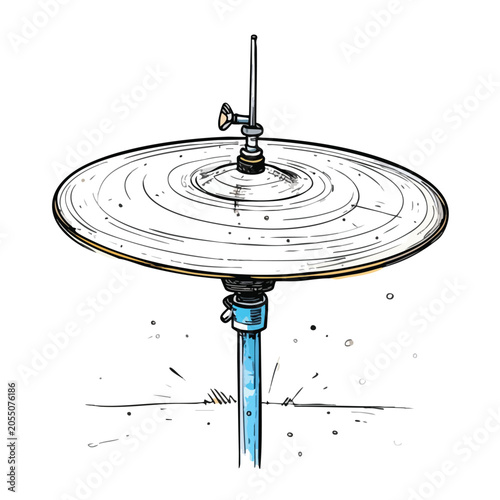 Hand drawn illustration of a single drum cymbal on a stand.