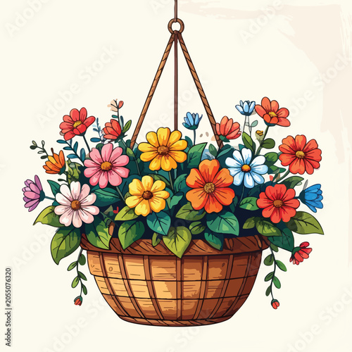 Watercolor illustration of a vibrant hanging basket filled with colorful blooming flowers.