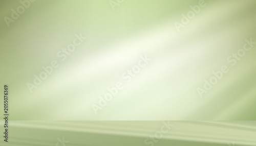 Green Background wall studio with light ray, shadow on 3d stage podium product display.Kitchen wall room, Empty stand mockup with white light on color green floor, Interior scene soft gradient texture