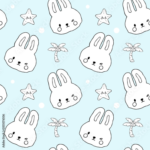 Seamless pattern outline hand drawn coquette bunny rabbit wink face emoji with palm tree and starfish
