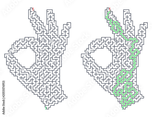 OK hand gesture labyrinth game grid. Vertical illustration of hand sign maze puzzle with solution. Brain training vector illustration