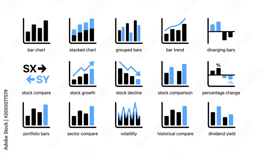 Obraz premium Bar chart and stock comparison icons on white background