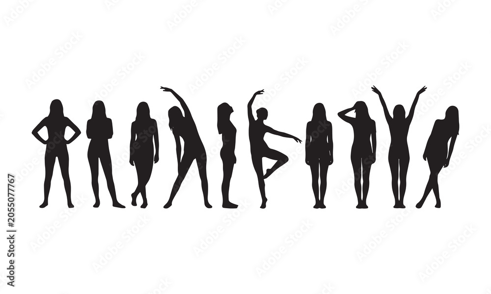 Fototapeta premium Silhouettes of women in graceful and artistic poses, including dance and stretching movements.