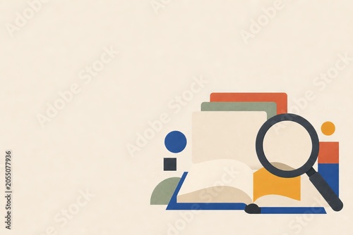 Flat Bauhaus inspired poster illustration of an open book, magnifying glass and blank index cards. Clean knowledge base, library search and research learning hero concept.