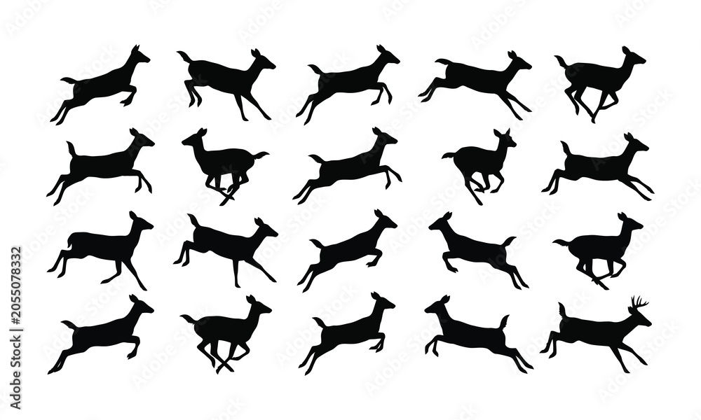 Fototapeta premium Collection of black deer silhouettes in various running and leaping poses on a white background.