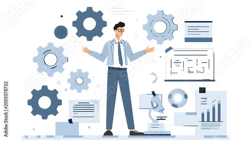 Professional Scientist Manager Surrounded by Gears and Charts