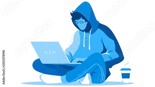 Blue Hooded Coder Working on Laptop in Modern Minimalist Scene