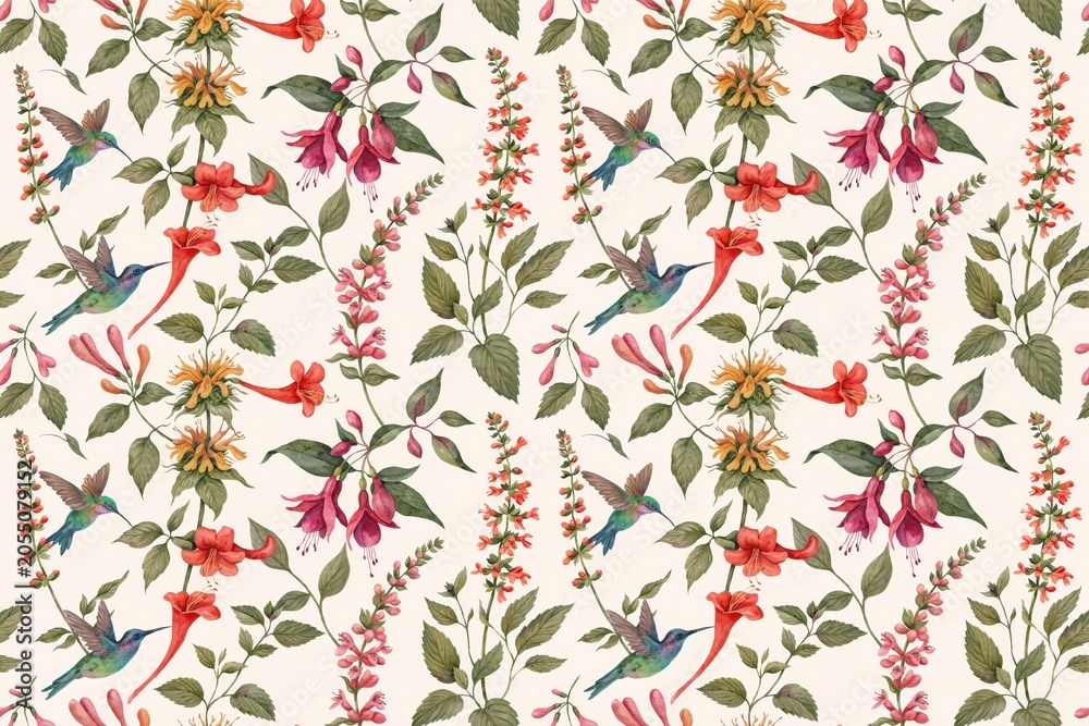 Obraz premium Seamless pattern featuring watercolor hummingbirds, red fuchsia flowers, and green foliage on a light cream colored paper background